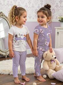 SHEIN Leap Crew Baby Girl Casual Cute Polka Dot & Flower Print Fitted Crew Neck Short Sleeve Tee & Pants Home Outfit, Multi-Pcs, Suitable For Spring & Summer - Multicolor - View 1