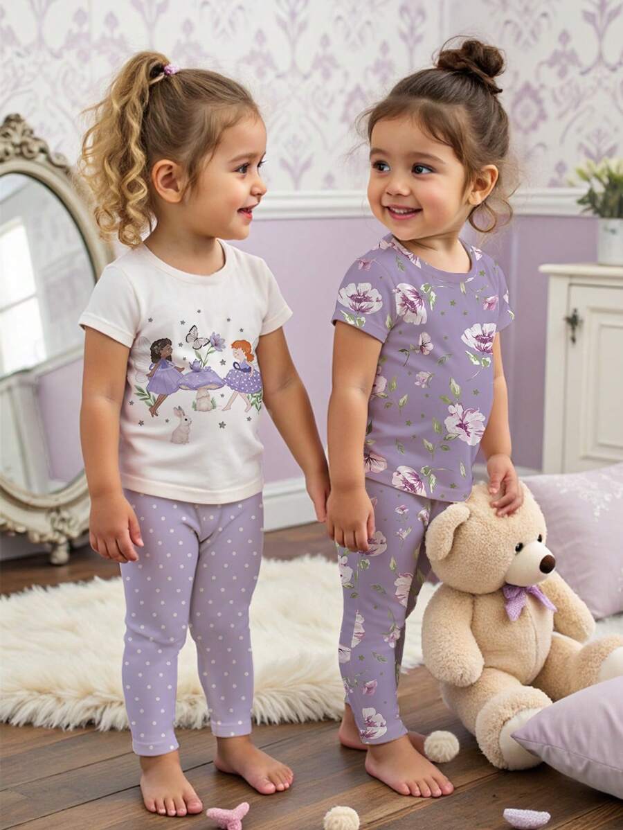 SHEIN Leap Crew Baby Girl Casual Cute Polka Dot & Flower Print Fitted Crew Neck Short Sleeve Tee & Pants Home Outfit, Multi-Pcs, Suitable For Spring & Summer - Multicolor - View 1