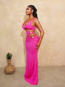 BamGleam 女士性感开衩下摆镂空腰海星装饰修身连衣裙，度假风格 - 玫紅色 - 查看 3