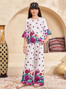SHEIN Tween Girl Loose Casual Round Neck Ruffle Hem Floral Rose Print Top And Pants 2 Pieces Set, Spring/Summer