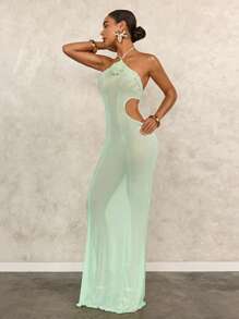 SHEIN Swim Vestido de malla con flores verde claro estilo sirena para mujer, vestido elegante y sexy de corte ceñido verde menta con diseño calado para cubrir traje de baño, para primavera/verano