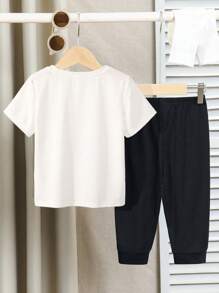 2pcs/Set Young Boy Casual Simple Letter Print Round Neck Short Sleeve T-Shirt And Pants Set