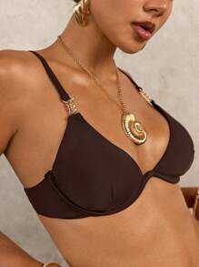 SHEIN Swim Women's Elegant Vacation Metal Decor Push-Up Underwire Swimwear Set
