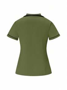 TaskEZ 2pcs Contrast Trim Casual Short Sleeve Top And Solid Color Pants Uniform Set, Scrub Sets - Army Green - View 5