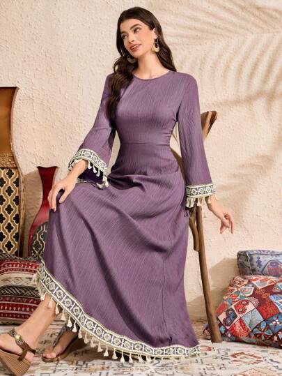 Al Najma 女士长袖纯色长裙，简约时尚，适合夏季