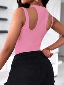 SHEIN Clasi Plus Size Women Solid Color Cross Hollow Out Design Fitted Camisole - Pink - View 2