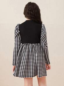 SHEIN Cô gái Tween Họa tiết Nanh sói Cổ giả Tay áo Đầm - Đen và trắng - Xem 4