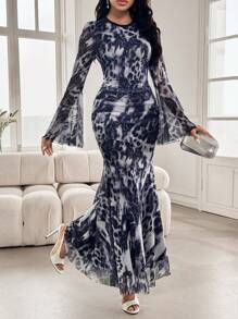 Modelyn Women's Leopard Print Mesh Long Flared Sleeves Ruched Fitted Mermaid Dress - Multicolor - View 1