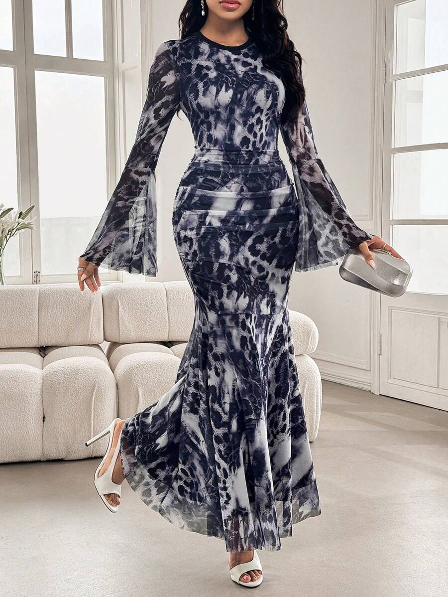 Modelyn Women's Leopard Print Mesh Long Flared Sleeves Ruched Fitted Mermaid Dress - Multicolor - View 1