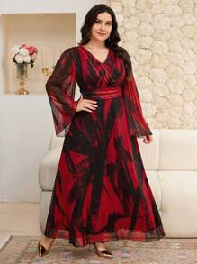 Modelyn 大码女式图案印花 V 领长袖褶饰优雅连衣裙 - 彩色 - 查看 5