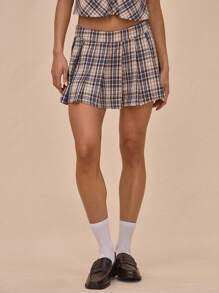 MUSERA 格纹优雅休闲可爱迷你裙，百褶设计，甜美可爱 - 彩色 - 查看 2