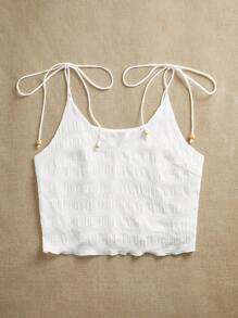 SHEIN VCAY Solid Color Women's Woven Spaghetti Strap Cropped Tank Tops, Vacation Wear,Spring For Women Casual Vacation - White - View 4