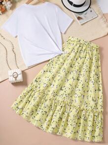 Teen Girl 2pcs/Set Graphic Print Bow Decor Short Sleeve Top & Ditsy Floral Skirt - Yellow - View 2