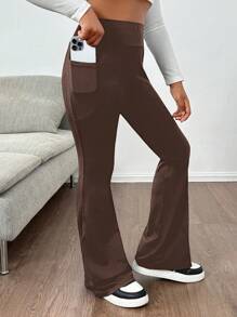 SHEIN Pantalones de yoga con campana para niñas preadolescentes, de cintura alta, ajuste ceñido, elásticos, casuales y versátiles con bolsillo parche