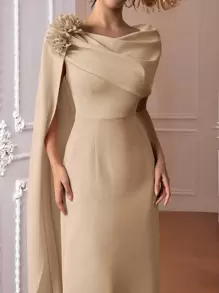 SHEIN Privé Elegant & Romantic Solid Ruffle Detail Long Sleeve Fitted Dress, Lotus Pink - Khaki - View 1