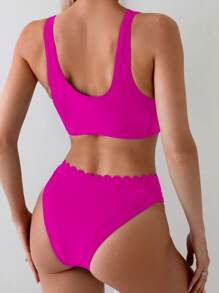 Women's Solid Color Curved Edge Sexy Bikini Set, Summer Beach - Hot Pink - View 2