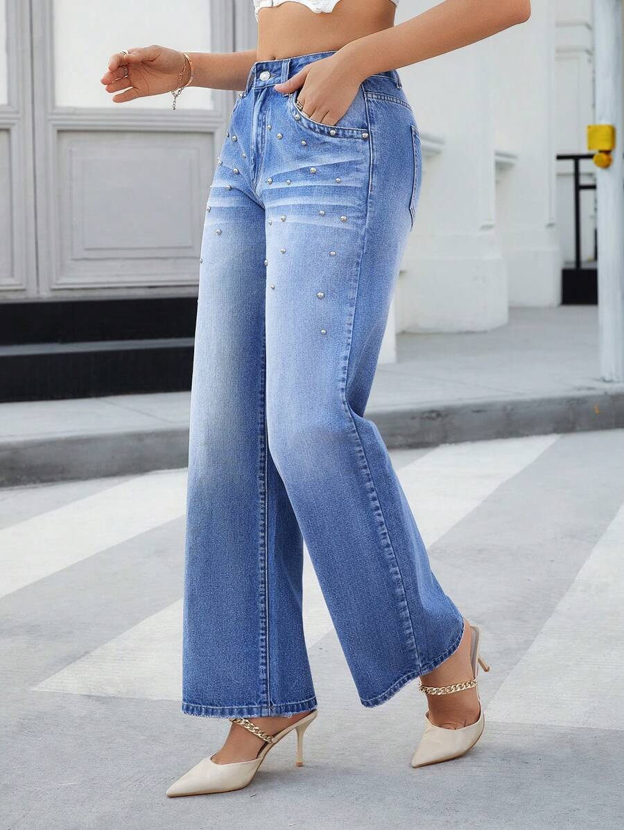 SHEIN Essnce Quần Jeans Ống Thẳng Đính Đinh Tán Thời Trang Thường Ngày Cho Nữ - Rửa trung bình - Xem 1
