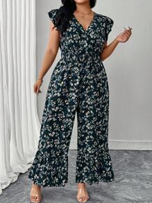 SHEIN LUNE 大码女式优雅 V 领盖袖裹腰褶皱波西米亚碎花宽松阔腿连体裤，休闲海滩度假装，适合春夏季 - 彩色 - 查看 3