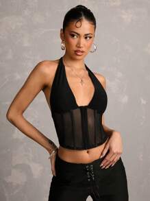SHEIN BAE Spring Women's Halter Neck Deep V-Neck Front Button Bodycon Tank Top, Suitable For Parties, Casual Outings, Festivals And Street Events - Black - View 3