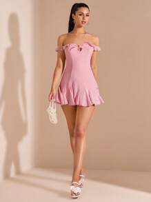 SHEIN BAE 早春女士优雅露肩荷叶边迷你连衣裙，纯粉色，适合派对、约会、与朋友聚会、度假 - 粉色 - 查看 1