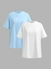 SHEIN BASICS 2pcs Casual Solid Color Knit Crew Neck Short Sleeve Loose Women T-Shirts - Baby Blue - View 1