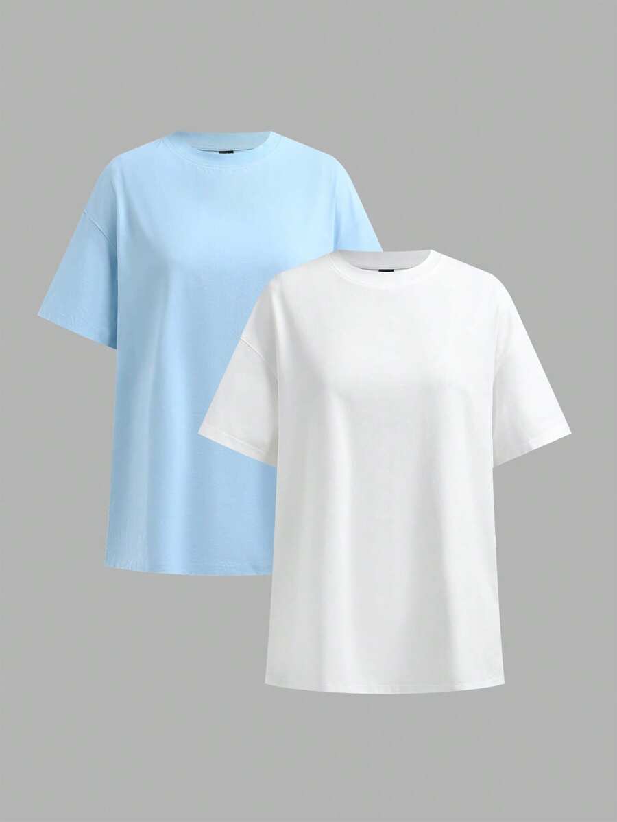 SHEIN BASICS 2pcs Casual Solid Color Knit Crew Neck Short Sleeve Loose Women T-Shirts - Baby Blue - View 1