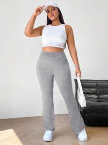 SHEIN EZwear Plus Size Women's Fall Winter Back To School Casual Homewear Yoga Comfortable Outdoor Solid Black Knitted Elastic Waist High Waist Pockets Flare Leg Trousers,Leggings With Pockets - Light Grey - View 4