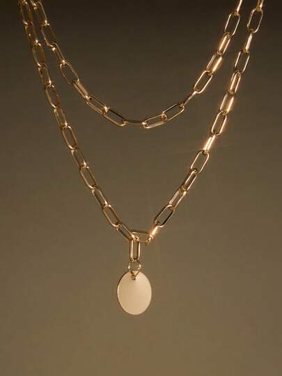 1 pieza Collar de metal dorado con cadena punk simple y de moda, con colgante redondo y múltiples capas para mujer, regalo de Navidad y Navidad de invierno a través de fronteras