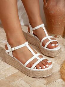 Styleloop Sandalias de cuña de lona con cordones de estilo bohemio para mujer - Blanco - Ver 3