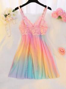 1pc Plus Size Sexy Lace Contrast Mesh Bodysuit - Multicolor - View 2