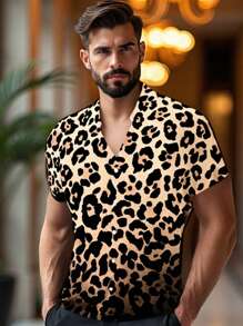 Manfinity VCAY Men's Casual Woven Leopard Print Ombre Pattern Straight Shoulder Mandarin Collar Short Sleeve Shirt