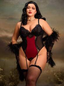 加大码 2 件套 红色对比色黑色蕾丝边性感内衣连体裤 + 丝袜 - 酒紅色 - 查看 1