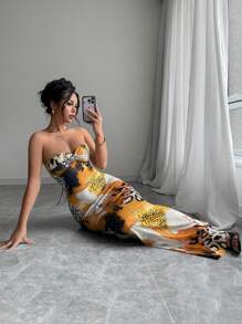 Selianne 无袖扭纹后背镂空交叉露背豹纹印花超长紧身连衣裙 - 彩色 - 查看 3