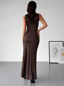 SHEIN Privé Đầm ôm sát không tay xếp ly thời trang lãng mạn thanh lịch cho nữ công sở/đi làm, gợi cảm, thích hợp cho tiệc tùng, kỳ nghỉ, trở lại trường, hẹn hò lãng mạn, đám cưới, sinh nhật, lễ tình nhân, tiệc tùng - màu nâu - Xem 4