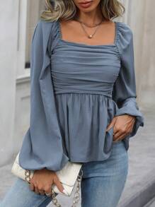 SHEIN Clasi Women's Solid Color Ruched Lantern Sleeve Casual Blouse, Spring/Autumn,Ladies Casual Ruched,Ruffle Hem Long Sleeve Square Neck Slim Fit Regular Maroon Bishop Sleeve Peplum Women Blouses,Spring/Fall ,Casual Daily Wear Peplum Top - Dusty Blue - View 3