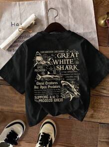 INAWLY 女士休闲圆领短袖标语和鲨鱼印花 T 恤 - 黑色 - 查看 1