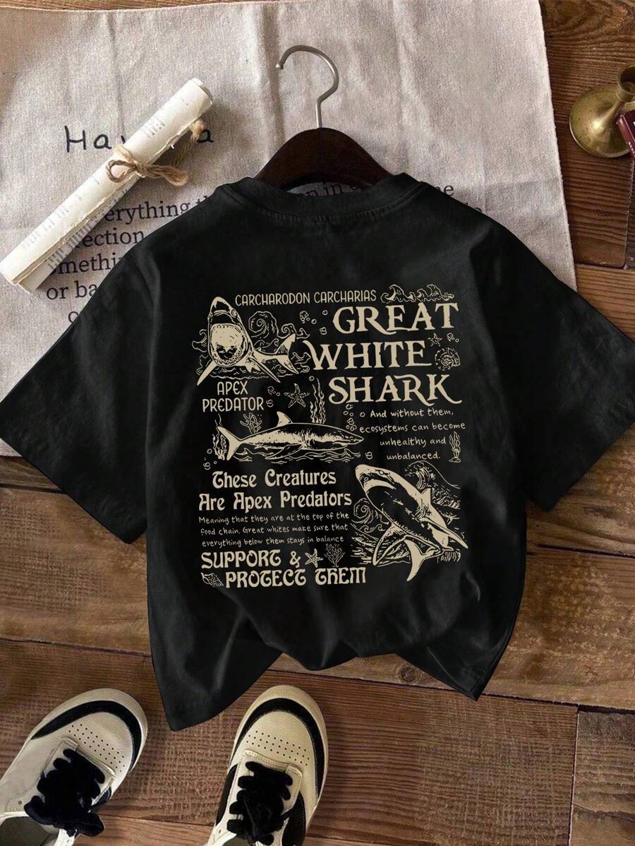 INAWLY 女士休闲圆领短袖标语和鲨鱼印花 T 恤 - 黑色 - 查看 1