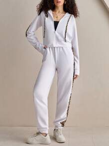 SHEIN Tall Set di felpa con cappuccio e pantaloni della tuta in cotone con stampa leopardata e blocchi di colore, con laccetti, per taglie petite