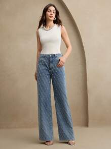 Anewsta Jeans rectos de mujer con piedras preciosas y bordados de lujo, ideales para festivales, uso casual y elegante