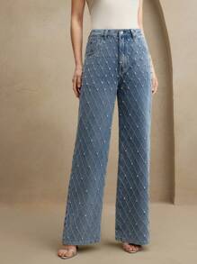 Anewsta Jeans rectos de mujer con piedras preciosas y bordados de lujo, ideales para festivales, uso casual y elegante