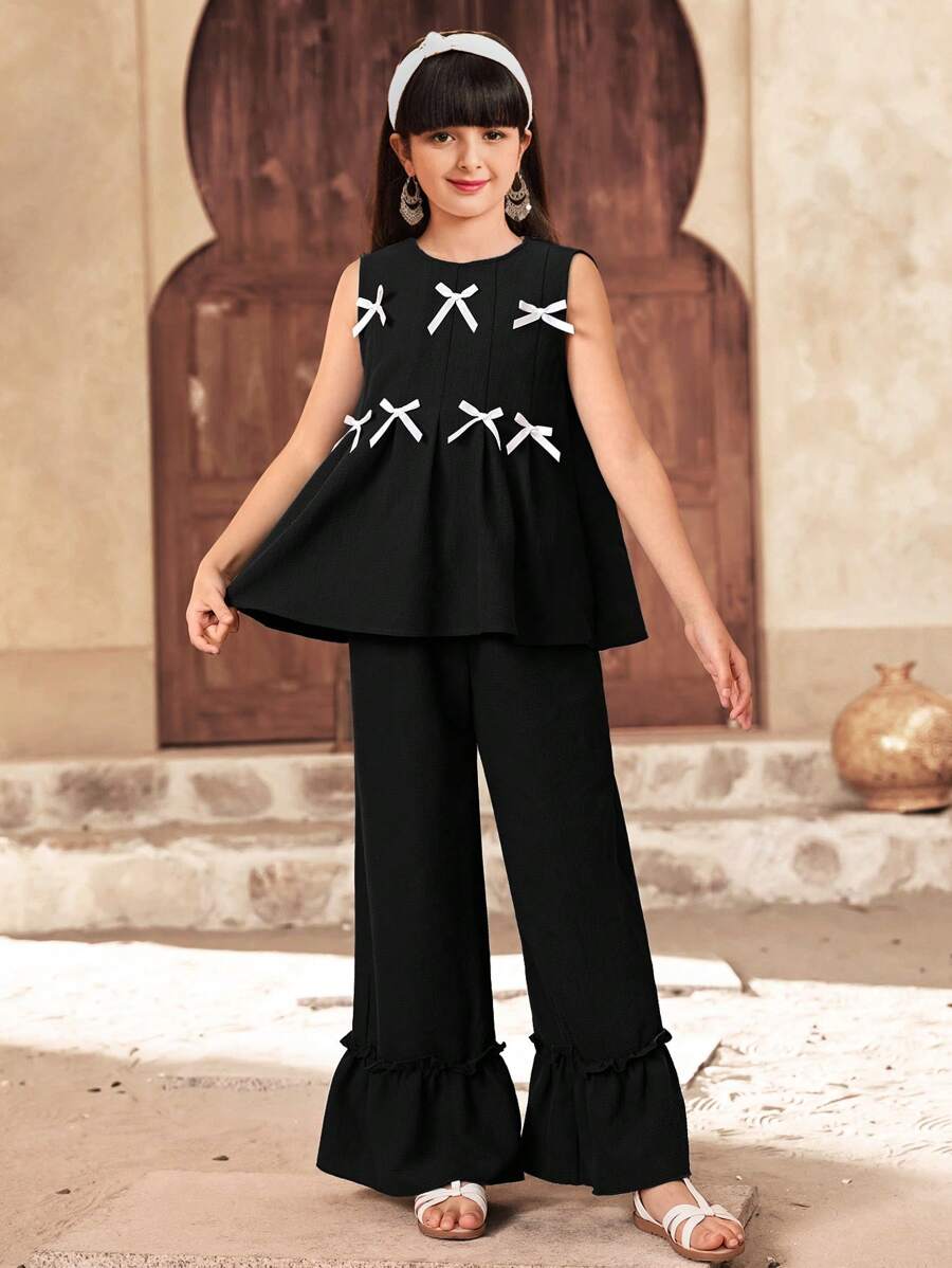 SHEIN Leap Crew 2 Pieces Set For Tween Girls: Round Neck Color Block Bow Accent Top And Flare Leg Pants, Casual - Black - View 1