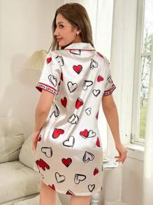 Dream Adore Allover Print Heart Patterned Open Front Women's Nightgown Babydoll In Faux Silk Luxe Loungewear, Vacation