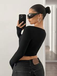 SHEIN ICON Women's Sheer Panel Asymmetrical Cutout Short Black Long Sleeve T-Shirt, Sexy Outdoor Style