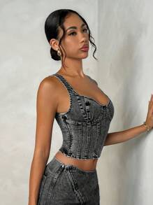 SHEIN BAE Women's Fitted Sleeveless Cropped Denim Blouse - Black - View 4