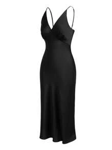 Ocili ثوب نوم حريري ناعم لامع كالساتان ذو حمالات رفيعة للنساء لملابس النهار الفاخرة - الأسود - مشاهدة 3