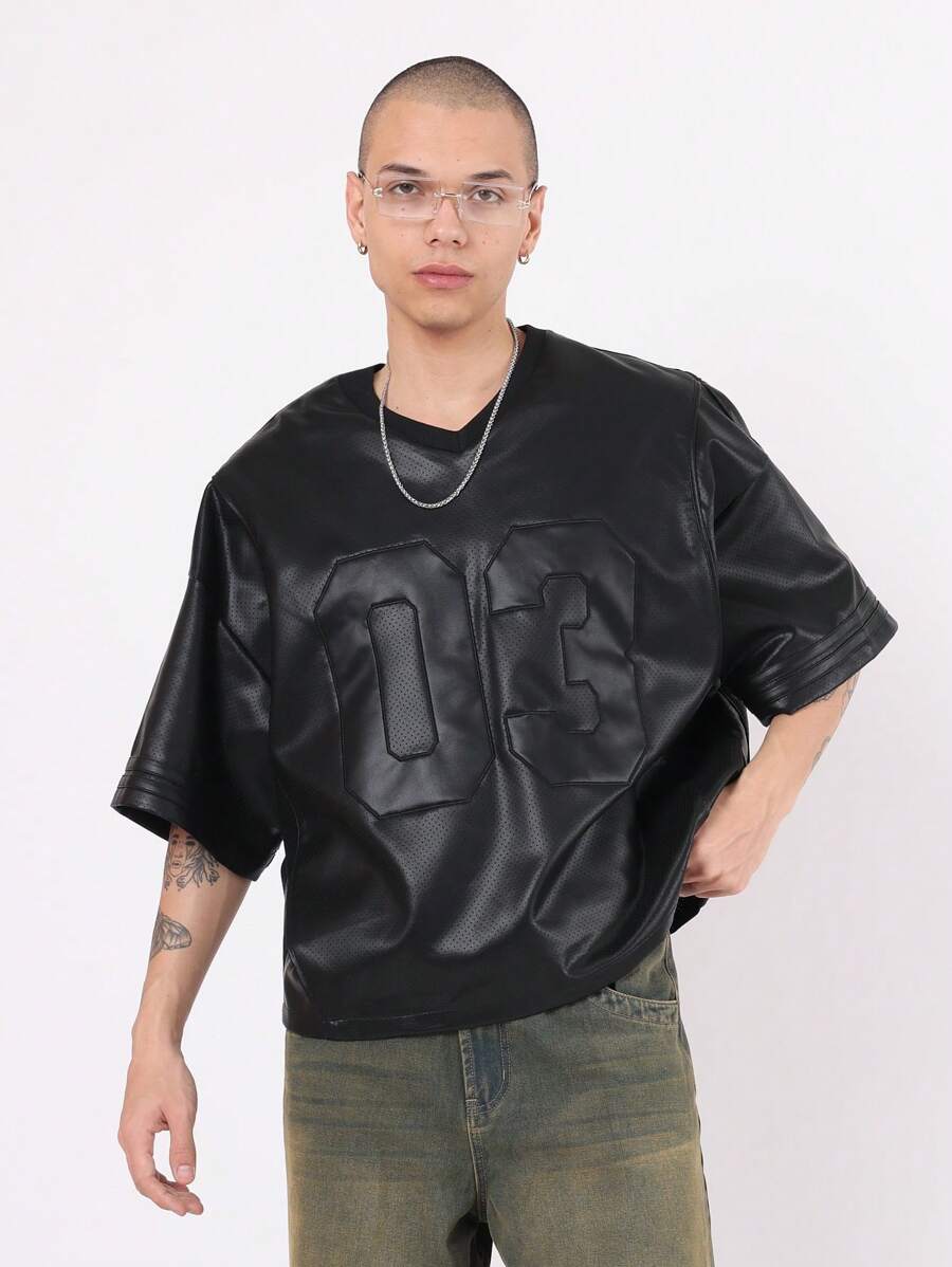 SUMWON Leather Effect Jersey Athletic Top Oversized Football Style Jersey Number 03 Design Streetwear Casual Urban Fashion Sports Inspired Fall Winter - Black - View 1