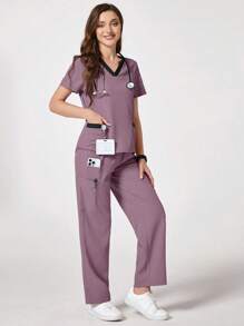 TaskEZ Conjunto de uniforme de pijama quirúrgico con manga corta y pantalón largo en colores contrastantes - Púrpura polvoriento - Ver 9