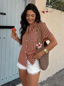 Flora Isola Flora Isola 时尚度假风女式格子单排扣短袖休闲衬衫 - 紅色 - 查看 4