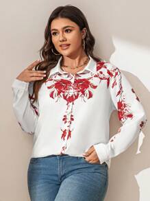 SHEIN LUNE Damen Große Größen Blume Muster, romantischer Urlaubsstil Weißer Blume Muster Langarmhemd, Damenmode für Valentinstag, elegante Mode
