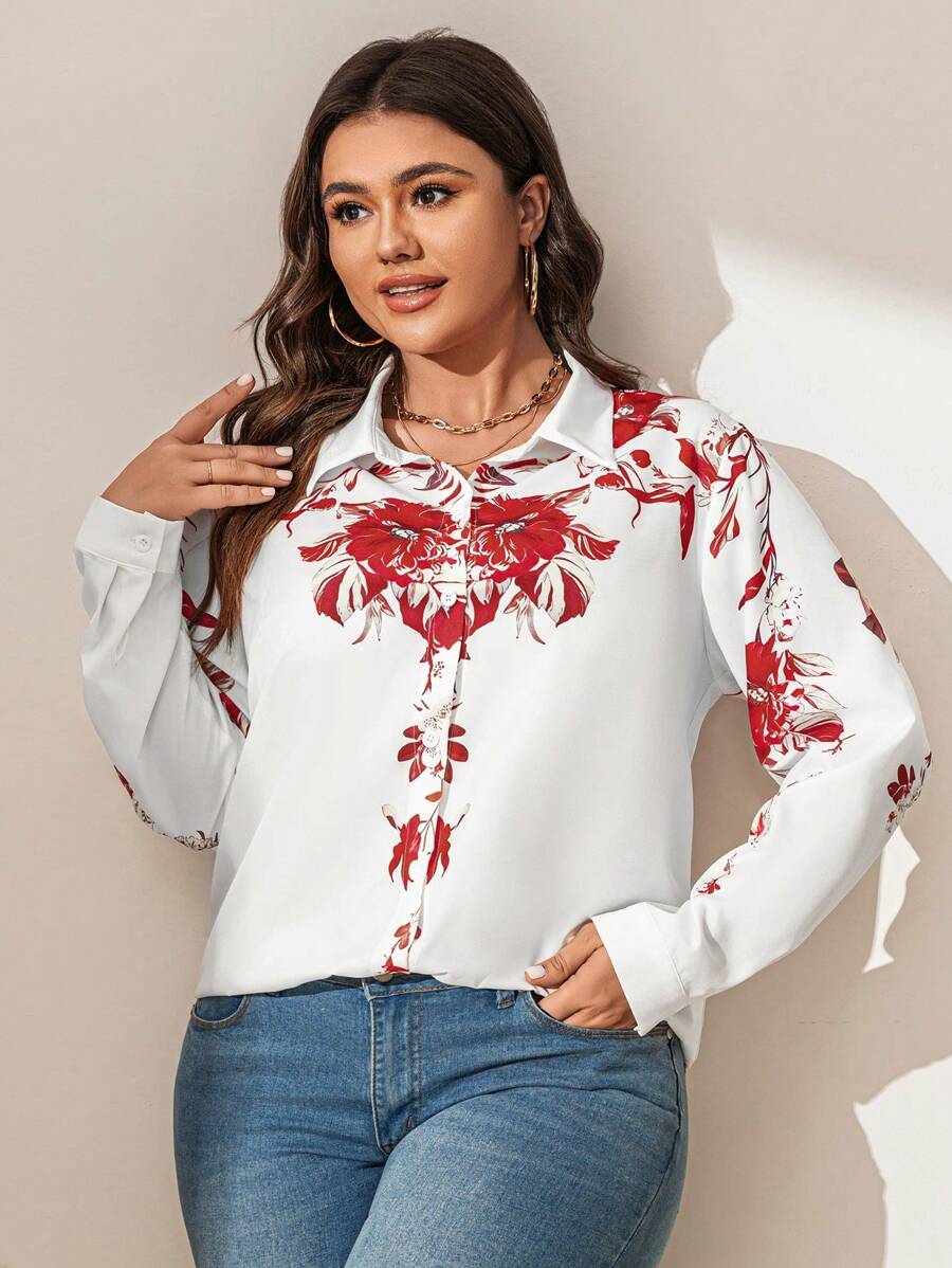 SHEIN LUNE Damen Große Größen Blume Muster, romantischer Urlaubsstil Weißer Blume Muster Langarmhemd, Damenmode für Valentinstag, elegante Mode